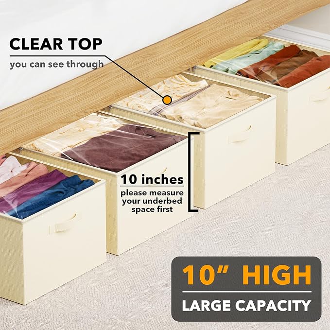 SpaceAid 4 Pack 10" High Under Bed Storage Containers, Large Underbed Storage Organizer Bins with Lids for Bedroom, Dorm, Clothes, Closet Organization, Bed Sheets and Blankets (Beige)