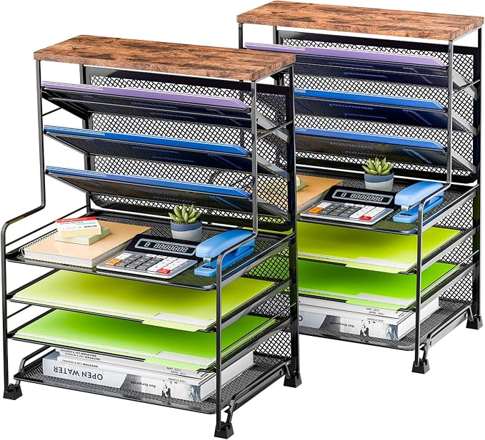 Simple Trending 7 Tier Desk File Organizer, 2 Pack Letter Tray Paper Organizer, Mesh Desk Accessories File Folder for Office, Home or School, Black