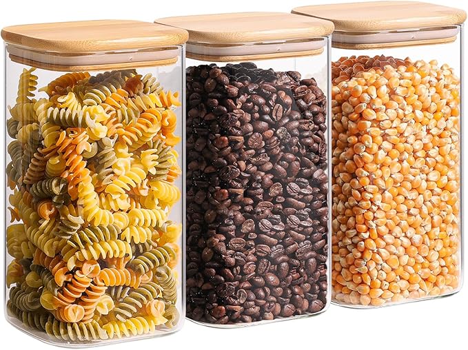 ComSaf Glass Storage Containers wtih Lids 1.4 Qt, Set of 3 Galss Jars | Glass Pantry Storage Containers, Square Kitchen Canisters, Lid with Silicone Seal, Cookie, Cereal, Coffee, 44oz, BPA Free