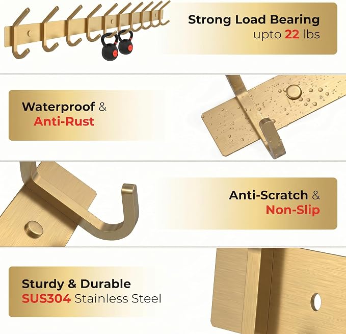 Brushed Gold Wall Mounted Coat Rack – 30 Inch Stainless Steel Rail with 10 Double Coat Hooks for Entryway, Bathroom, Bedroom, Kitchen – Modern Gold Hook Rack for Coats, Hats, Towels