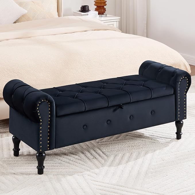 Storage Bench 51" Velvet End of Bed Benches Black | Queen Size Storage Bench for Bedroom with Rolled Arms Tufted Ottoman Benches Upholstered Bench for Living Room Entryway