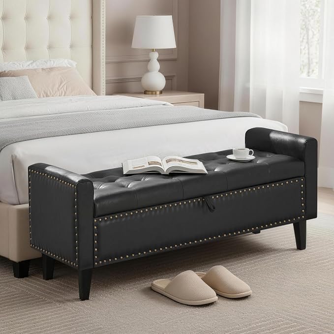 47'' Leather Storage Ottoman Bench, End of Bed Storage Bench with Wooden Legs, Upholstered Tufted Ottoman with Storage for Bedroom, Living Room, Entryway, Black