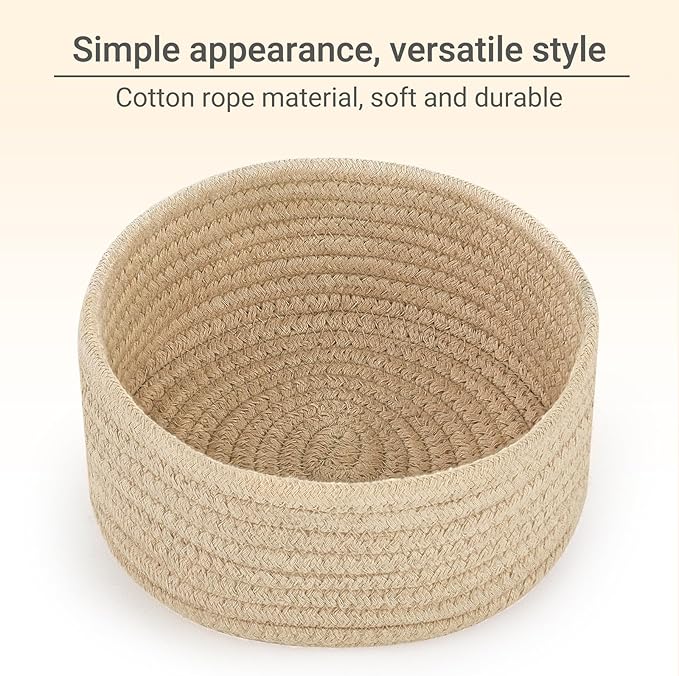Dahey 4 Pcs Mini Woven Baskets Set, Small Cotton Rope Storage Bins for Organizing, Cute Tiny Round Decorative Baskets for Gifts, Living Room Bathroom Home Decor, 7.09" W x 3.15" H, Beige