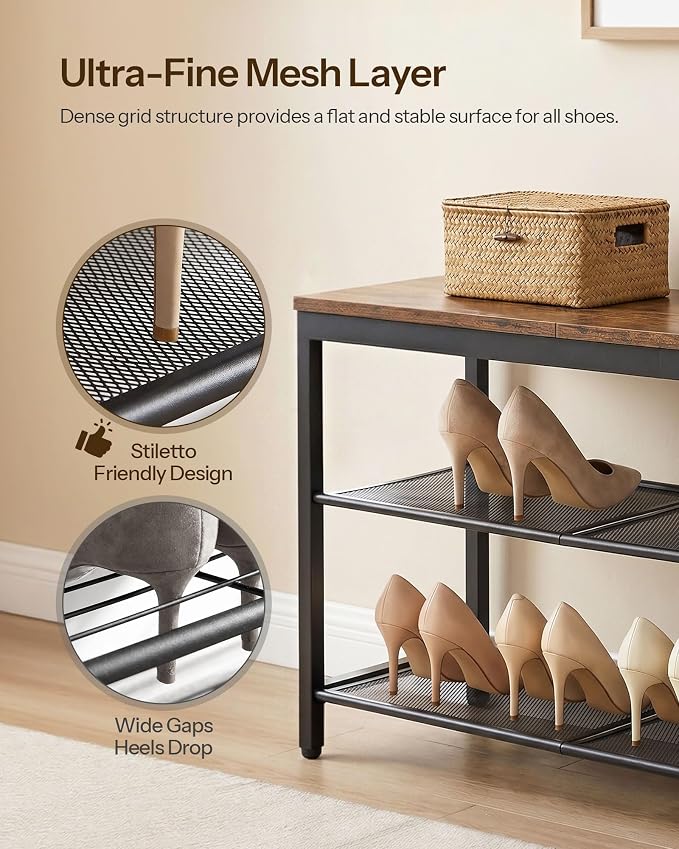 HOOBRO Shoe Bench, 3-Tier Shoe Rack, Industrial Shoe Organizer Storage Bench, 29.5 inches Entry Bench with Mesh Shelves, for Entryway, Living Room, Hallway, Easy Assembly, Rustic Brown BF75HX01