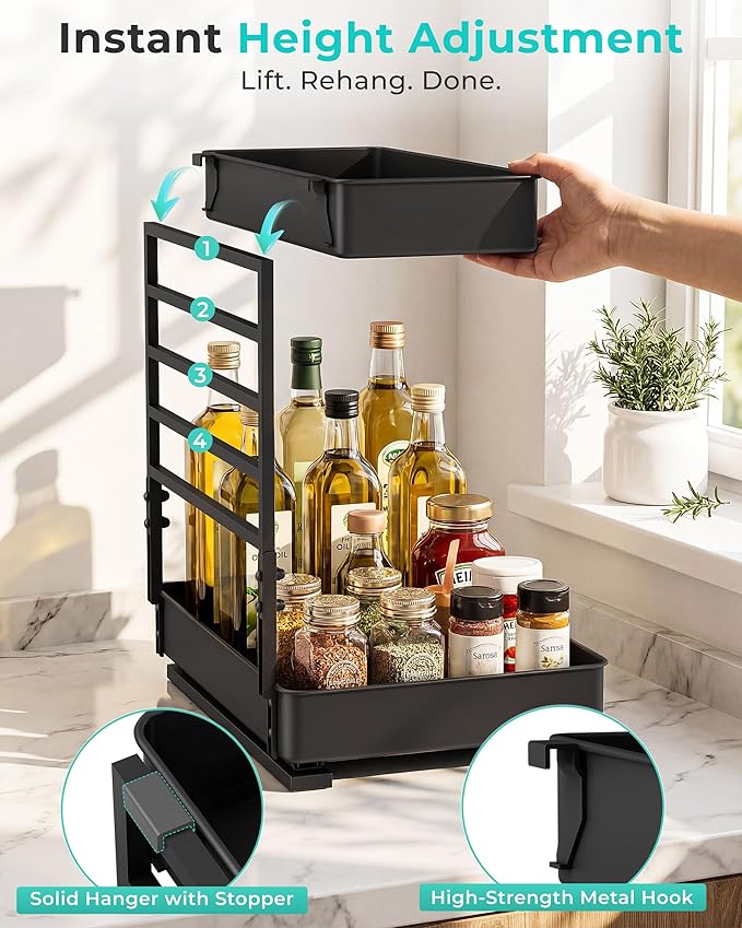 EVERIE Metal Pull Out Slide Shelf Organizer for Under Sink Organization in Kitchen, Bathroom, Counter, Cabinets, Minimum Available Space 13" Wide x 16.5" Deep (Black, 1 Set)