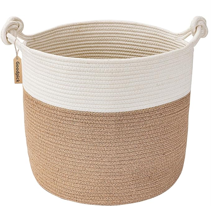 Goodpick Cotton Rope Storage Basket, 15 x 14.2 Inches Jute Woven Basket for Blankets Clothes Organizing, Baby Laundry Baskets Toy Storage With Handle, White Jute | Small Laundry Basket for Living Room Bedroom Nursery Décor, Toy Storage With Handle