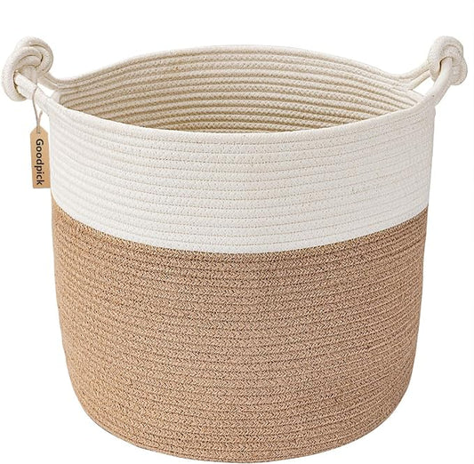 Goodpick Cotton Rope Storage Basket, 15 x 14.2 Inches Jute Woven Basket for Blankets Clothes Organizing, Baby Laundry Baskets Toy Storage With Handle, White Jute | Small Laundry Basket for Living Room Bedroom Nursery Décor, Toy Storage With Handle