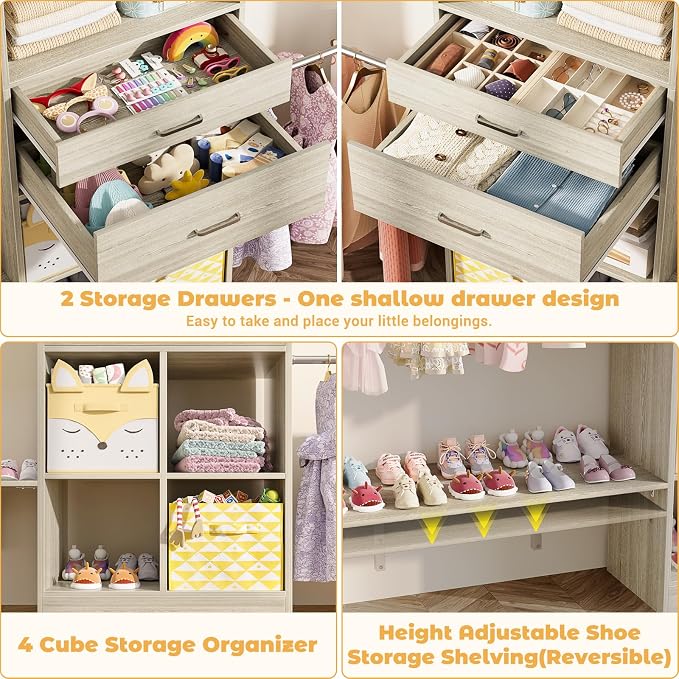 Besiost Closet System - 5-8FT Closet Organizer System with Wooden Drawers & Cube Storage Organizer, Up To 96" Closet Systems for Nursery & Walk-In Closets with Cuttable Hanging Shelving, Greige Oak