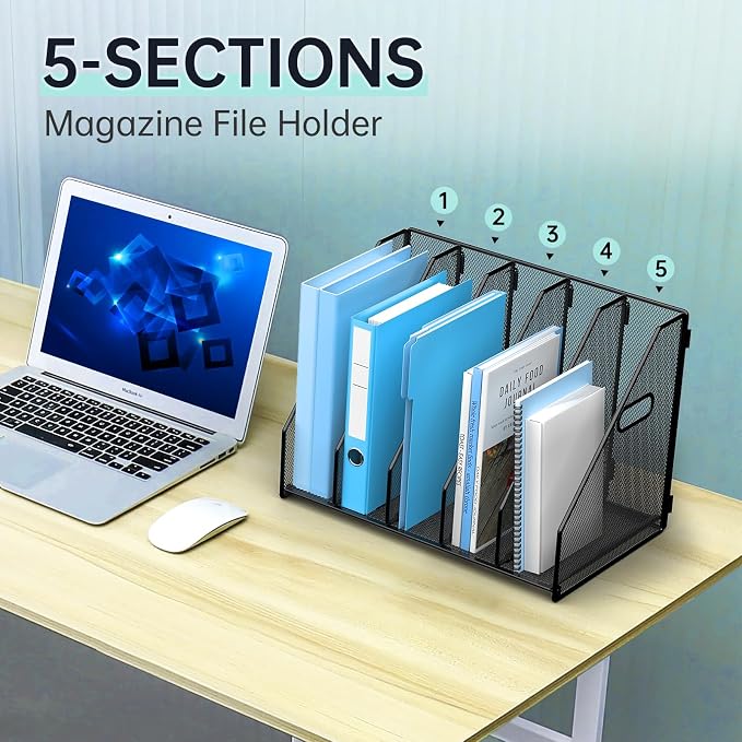 MINDEPOT Desk File Organizer Folder Holder with 5 Vertical for Office Black | Sturdy Metal Mesh, Magazine Folder Holder, Rack File Organizer for Home School, 5 Vertical Compartments