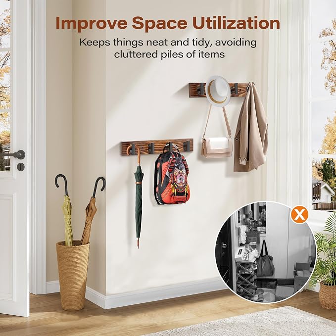 2 Pack Coat Rack Wall Mount with 8 Pre-Installed Metal Hooks | 32.3" Rustic Pine Solid Wood Coat Hooks Wall Mount for Hanging Jacket Hat Backpack, Entryway Living Room, Easy to install