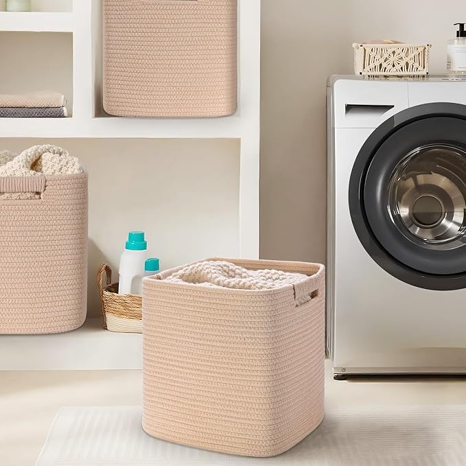 11 Inch Storage Cubes, 3 Pack Cube Storage Bins for Organizing, Cotton Rope Woven Baskets for Shelves, Bathroom, Kids Room, Closets, Baby Nursery