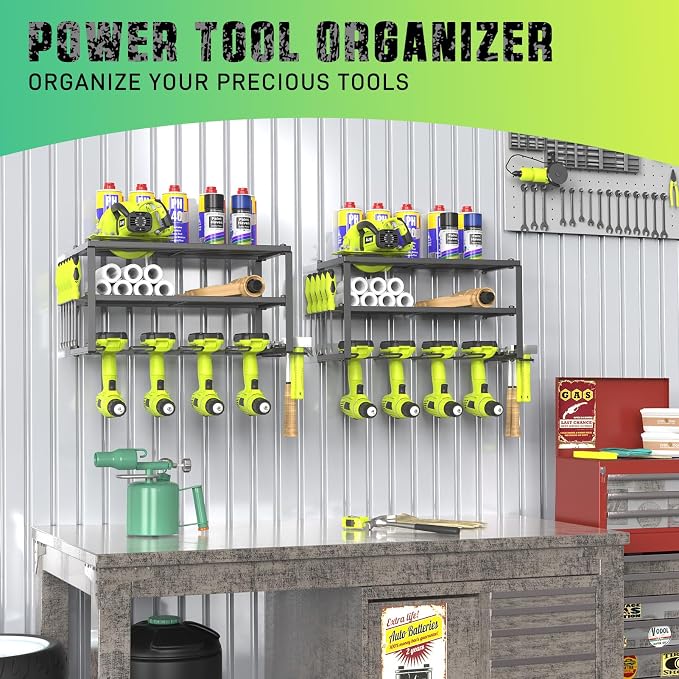 SUNALLY 3-Tier Heavy Duty Steel Power Tool Organizer, Matte Black, 3 Layers Tool Rack Cordless Drill, Floating Shelf Wall Mounted, 4 Drill Holders | Metal Tool Storage Rack with 4 Drill Holders, Heavy Duty Power Tool Shelf for Garage,Warehouse,Workshop...