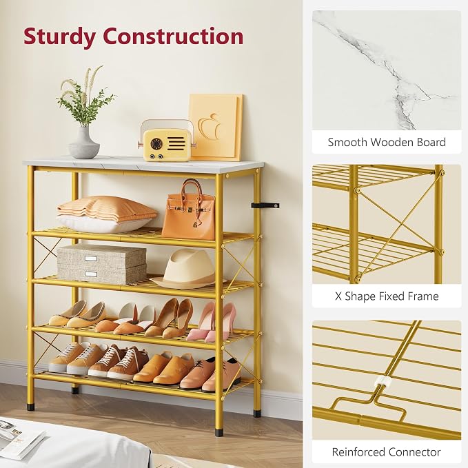 5 Tier Shoe Rack Organizer for 16-20 Pairs of Shoes, White & Gold | Sturdy & Durable, X Shape Fixed Frame, Metal Mesh Shoe Shelf, Industrial, For Closet, For Entryway Shoe Storage