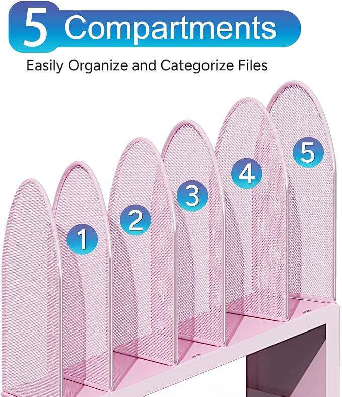 gianotter Desktop File Organizer, Desk Organizer with 5 Compartments, Paper Organizer for Desk, Workspace Organizers for Office Supplies (Pink, Inclined Style)