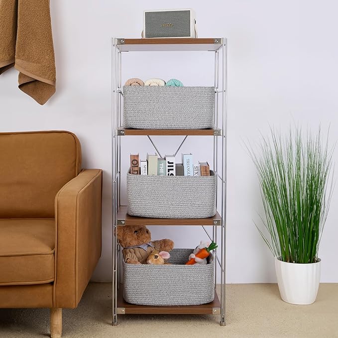 MiniArk Large Storage Baskets for Shelves, 17 x 13 x 7.5” Closet Organizers Bins for Clothes Blanket Towels, Baby Nursery, Toy Baskets Box, Woven Rope Baskets, 3 Packs Mixed Grey