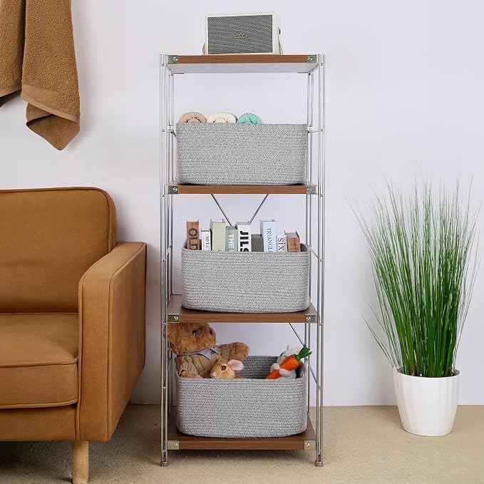 MiniArk Large Storage Baskets for Organizing, 17 x 13 x 7.5” Closet Shelf Baskets for Clothes Blanket Towels, Baby Nursery, Toy Bins Box, Woven Rope Baskets, 4 Packs Mixed Grey