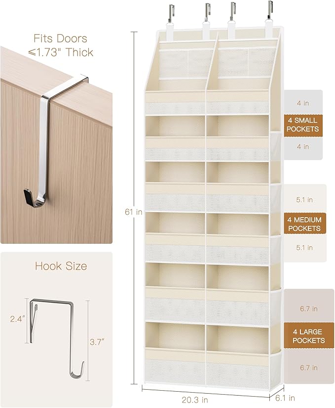 Criusia Over the Door Organizer, Extra Large 12 Compartments Closet Hanging Storage with 14 Mesh Pockets, 85lbs Capacity Behind the Door Storage for Baby Nursery, Bathroom, Bedroom, and Dorm, Beige
