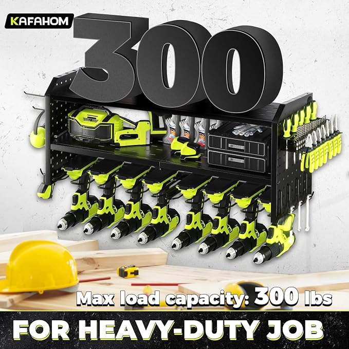 Power Tool Organizer，Large 8 Drill Holder Wall Mount ，Heavy Duty Metal Tool Shelf with 12 Hooks，Storage Rack for Garage Organization，Utility Cordless Drill Holder and Battery Shelves