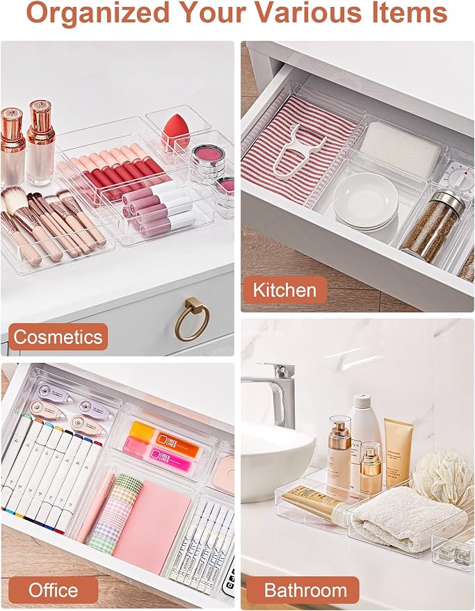 SMARTAKE 13 PCS Drawer Organizer 5-Size Desk Makeup Drawer Organizer Clear | Storage Trays for Makeup with Non Slip Silicone Pads, Jewelries, Utensils in Bedroom Dresser, Office, Kitchen and Bathroom