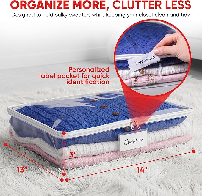 Masirs Clear Sweater Storage Bags 2-Pack – Zippered Vinyl Organizers with Label Pocket, Durable Dustproof Clothing Storage for Sweaters, Blankets, Linens, Underbed & Closet Use