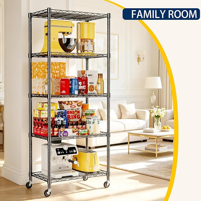 REGILLER 5-Wire Shelving Metal Storage Rack Adjustable Shelves,Standing Storage Shelf Units for Laundry Bathroom Kitchen Pantry Closet(Black,11.8" D x 21.2" W x 55" H,With Wheels)