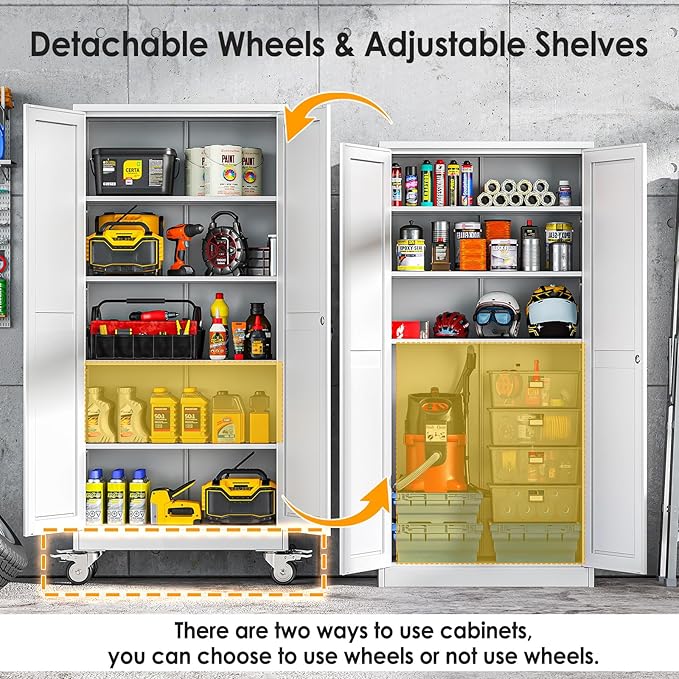 PAOFIN 71''H Tall Metal Garage Storage Cabinet with Wheels,Steel File Cabinets with 2 Doors and 4 Adjustable Shelves for Home Office, Warehouse, Required Assembly,White
