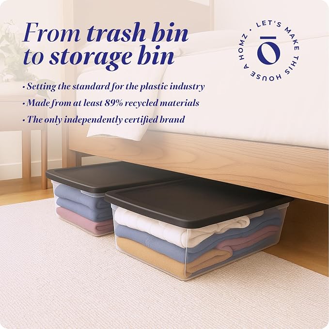 HOMZ Snaplock Clear Plastic Bin 41 Quart/10 Gallon | Storage Tote with Secure Lid | for Home, Office, Garage, Dorm Room Organizer | Stackable & Nestable | Black Lid, Pack of 2