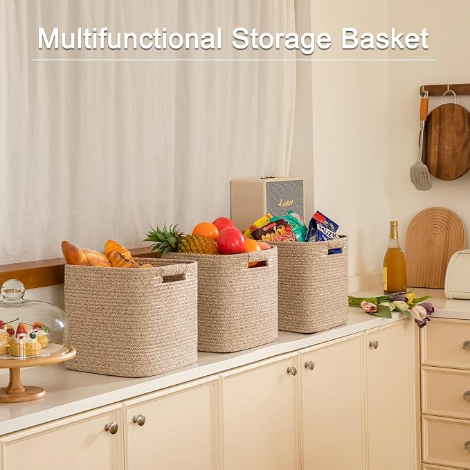 OIAHOMY Storage Cubes 11 Inch Storage Bins-3-Pack, Cotton Rope Woven Baskets for Organizing, Square Storage Baskets for Shelves Organizer, Classroom, Kids Toy Bins, Closet, Baby Nursery-Brown