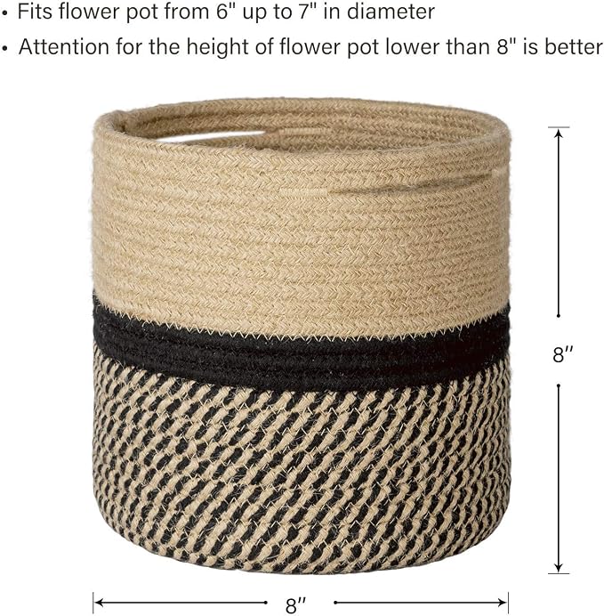 TIMEYARD Small Wicker Plant Basket, Planter for Indoor Plants, Black Jute | 8" x 8" Storage Organizer Basket Rustic Home Decor, Wicker Planter, Woven Pot for Indoor Plants