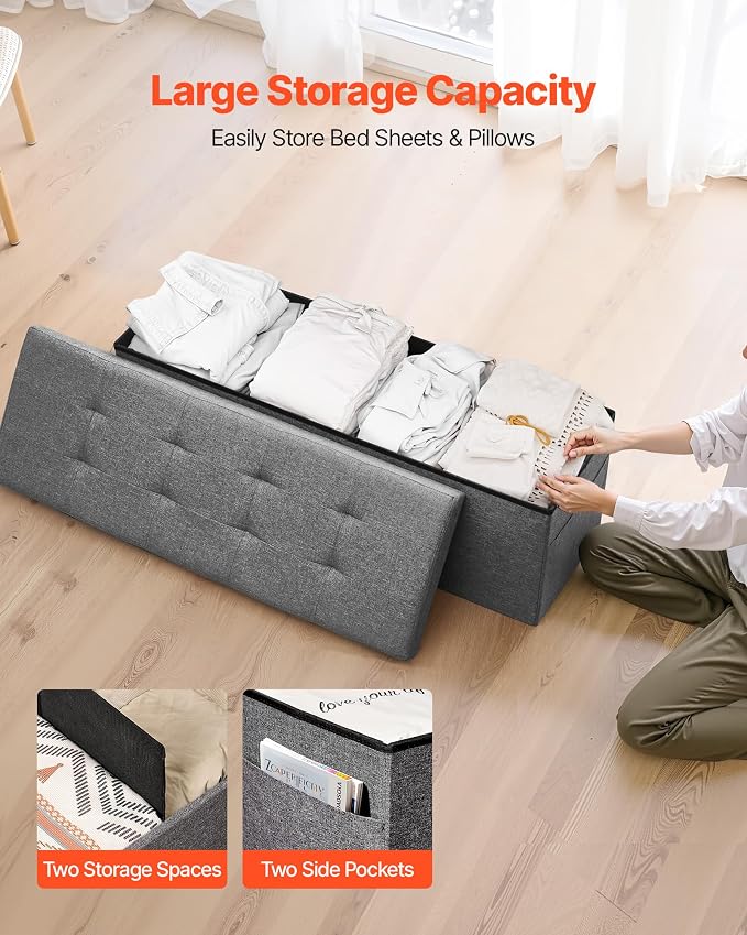 VEVOR Foldable Storage Ottoman Bench, End of Bed Bench with Side Bags, Folding Upholstered Storage Chest Supports 660 lbs, Linen Bed Ottoman with Large Space for Living Room, Bedroom, Entryway, Grey