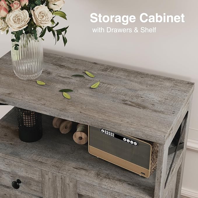 Farmhouse Storage Cabinet Set of 2, Small Kitchen Pantry Coffee Bar Cabinet | Accent Buffet Cabinet Cupboard, 2 Drawers, Barn Doors & Adjustable Shelves, for Kitchen/Entryway/Bathroom, Washed Gray