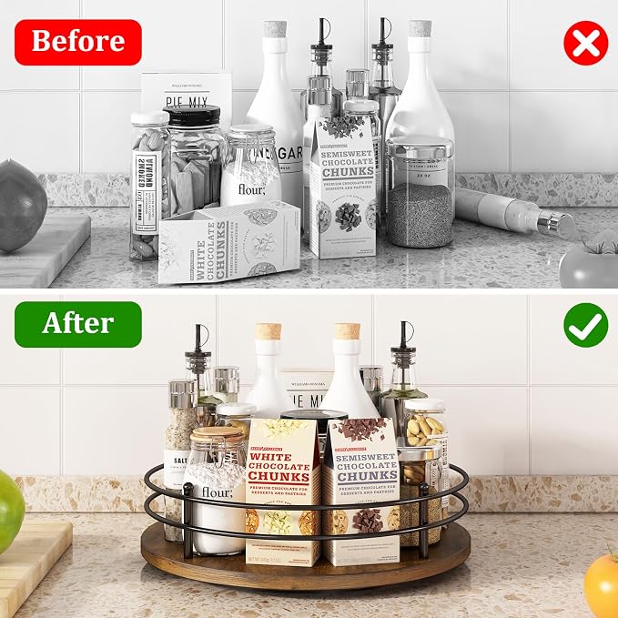 12" Lazy Susan Turntable Organizer,Round Wooden Lazy Susan Organization and Rotating Spice Rack for Dining Table,Pantry,Kitchen Countertop,Vanity,Cupboard and More. (Heightened Version,Round)