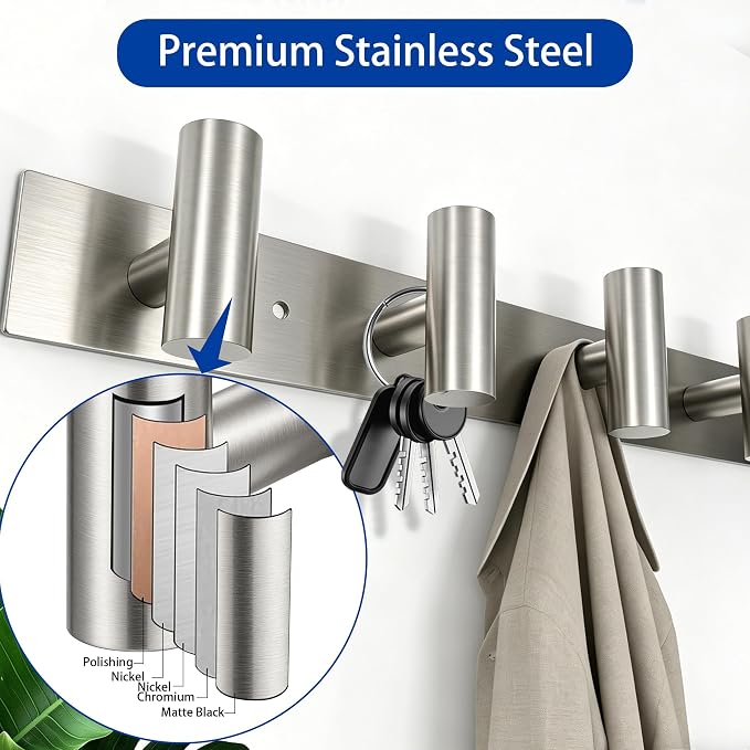 Brushed Nickel Coat Rack Wall Mount - 5 Hooks, Heavy Duty Stainless Steel Wall Hooks for Towels, Coats, Robes, Bags, Hats, Keys, Wall Coat Hanger for Bathroom, Entryway, Kitchen, Hotel, Bedroom,Office