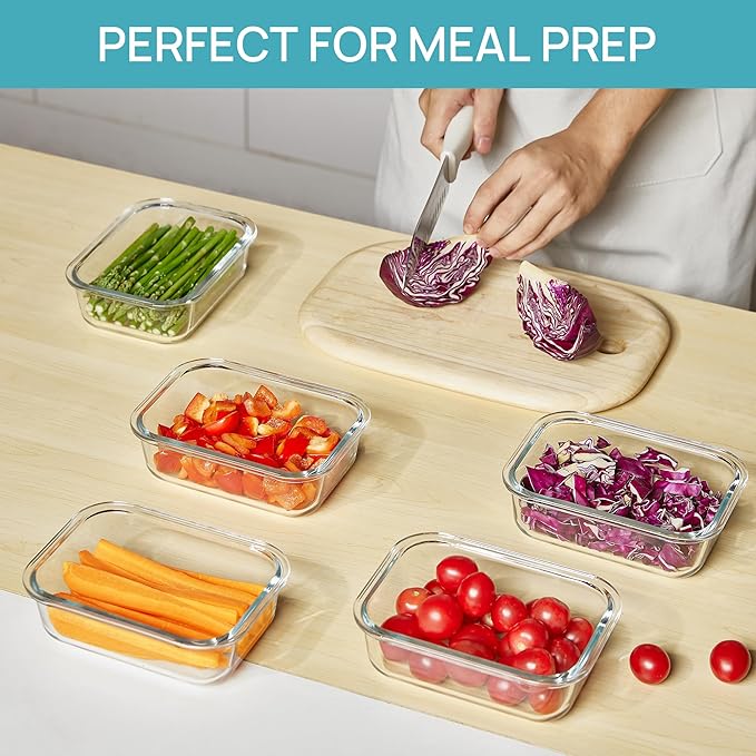 Vtopmart 5Pack 22oz Glass Storage Containers with Lids, Grey | Glass Meal Prep Food Container Sets, Snap Airtight Lid, For Microwave, Oven, Freezer and Dishwasher, BPA Free