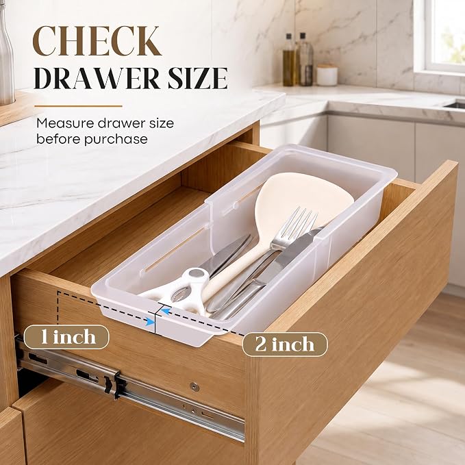 2 Pack Adjustable Deep Drawer Organizer Storage Bin(12.4" to 18”) | Expandable Drawer Storage, Adjustable Size, Kitchen Cabinet Organization