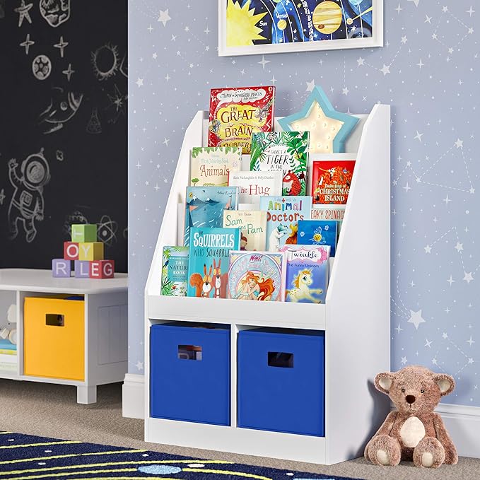 RiverRidge Folding Storage Bins - 2-pack of 10in Tall Blue Cubes | Fabric Bins, Set of 2 Storage Cubes, Cut-out Handles, Playroom Closet Organizer, Collapsible Cubby with Bottom Board Insert