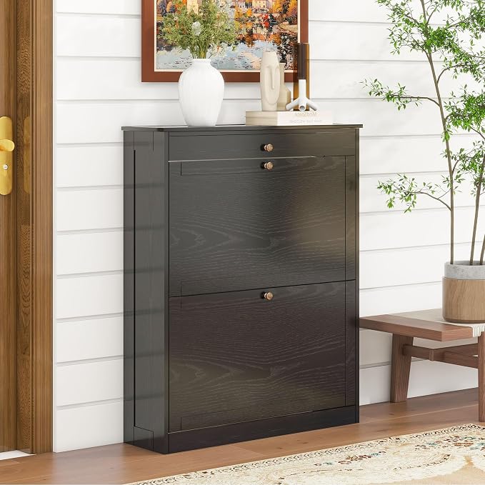 Wood Shoe Storage Cabinet, Hidden Shoe Rack Cabinet with 2 Flip Drawers | Space-Saving Shoe Storage Organizer, Ultra Slim Narrow Shoe Dresser Open Compartment, for Entry, Hallway, Living Room, Black