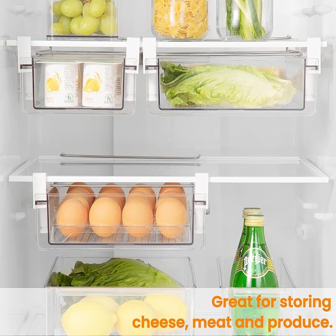 Fridge Organizer Drawer, Clear Plastic Fridge Organizer Bins, Add on Refrigerator Drawer,Fridge Storage Container Under Shelf Holder for Fruit, Vegetable, Meat, Cheese, Easy to Install-M