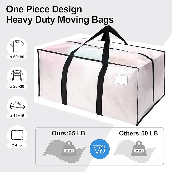 VELVETSURE 12 Pack Heavy Duty Large Moving Bags W/Backpack Straps - Strong Handles & Zippers, Storage Totes For Space Saving, Fold Flat, Alternative to Moving Box and Storage Bin, Semi-Transparent