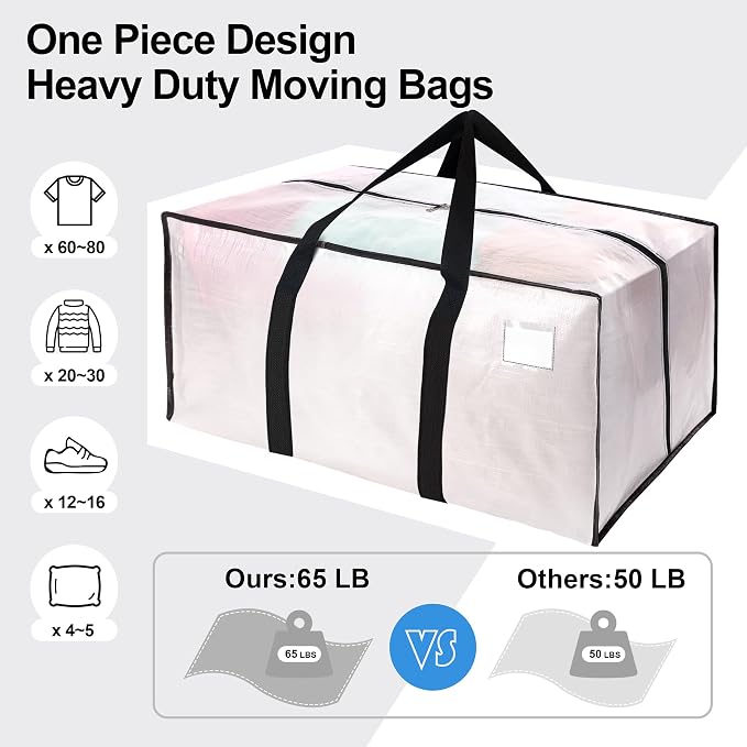 VELVETSURE 6 Pack Heavy Duty Large Moving Bags W/Backpack Straps - Strong Handles & Zippers, Storage Totes For Space Saving, Fold Flat, Alternative to Moving Box and Storage Bin, Semi-Transparent