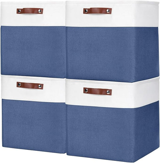 Bagnizer 13x13 Cube Storage Bins, Collapsible Fabric Storage Box, 4 Pack Closet Baskets with Handles for Organizing, Shelf, Toys, Clothes, Home, Office, Nursery (NavyBlue&White)