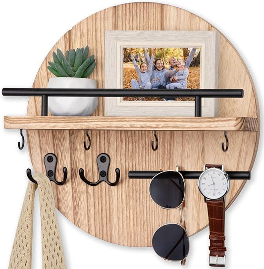 Nekon Key Holder Wall Mount, 11.8 Inch Key Rack with Shelf and 6 Key Hooks, Rustic Key and Mail Organizer, Circular Wooden Key Hanger for Entryway Hallway Kitchen (Wood)