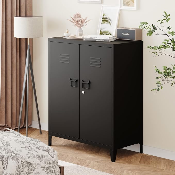 Metal Storage Cabinet with Lock, Locking Cabinets with 2 Doors and Shelves, Lockable Steel Locker Cupboard, Small Sideboard Buffet Cabinet for Home Office