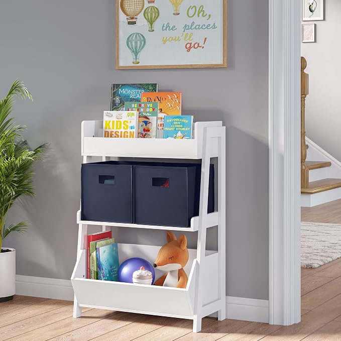 RiverRidge Folding Storage Bins - 4-pack of 10in Tall Navy Cubes | Fabric Bins, Set of 4 Storage Cubes, Cut-out Handles, Playroom Closet Organizer, Collapsible Cubby with Bottom Board Insert