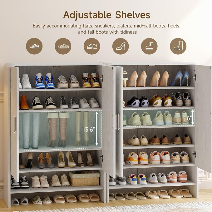 6-Tier Shoe Storage Cabinet, 45'' Large Farmhouse Shoe Cabinet for Entryway, Modern Wooden Shoe Rack Organizer with Doors and Shelves, for Front Door Hallway (White)