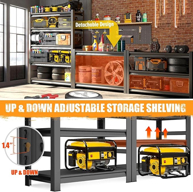 Garage Shelving Heavy Duty Storage Shelves, 2500 LBS Adjustable 5 Tier Shelving Unit, Metal Garage Shelving for Industrial, Basement, Warehouse (63''Hx46''Wx20''D, Black)