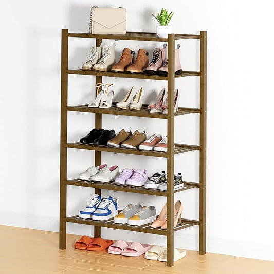 Smiry Bamboo Shoe Rack, 14 Vertical Slats, 6 Tier - 26.8" Wide, Walnut | Stackable Free Standing Wooden Shoe Organizer, Wood Shoe Storage Shelf for Closet, Entryway, Thicher Leg