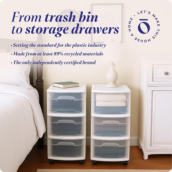 HOMZ Drawer Tower 3-Tier Storage Cart, Removable Wheels, White Frame,2 Pack | Plastic Organizer with Clear Bin Drawers for Bedrooms, Bathrooms, Home Offices, and Dorm Rooms