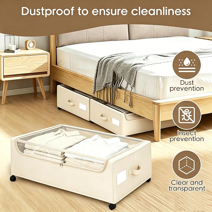 Under Bed Storage with Wheels, 2-Pack Under the Bed Storage Containers with Clear Lids & Label, Underbed Storage Bins, XXXL 85L 11 inches Rolling Metal Drawer for Clothes, Shoes, Toys, Books - Beige
