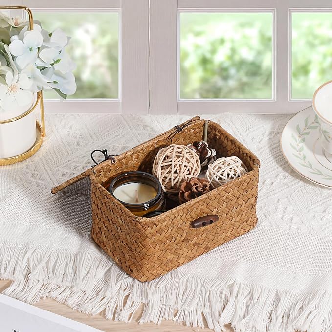 Small Decorative Box Natural Seagrass Box with Lid, 6.1"x 4"x 3.3" | Wicker Basket for Organizing Keys,Wicker Shelf Baskets for Bathroom & Living Room